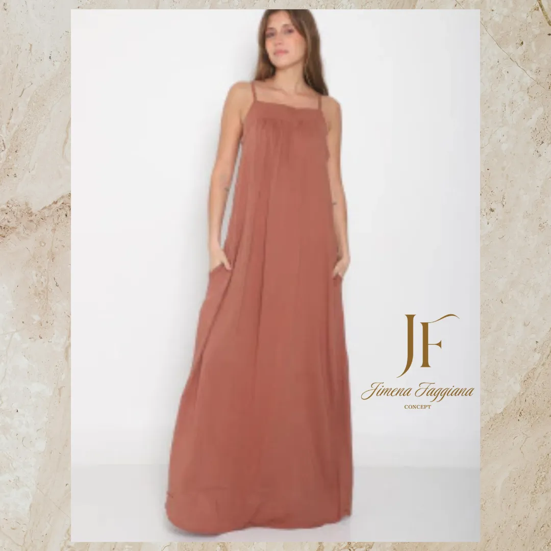 Vestido lino color chocolate con esplda descubierta - Jimena Faggiana Concept